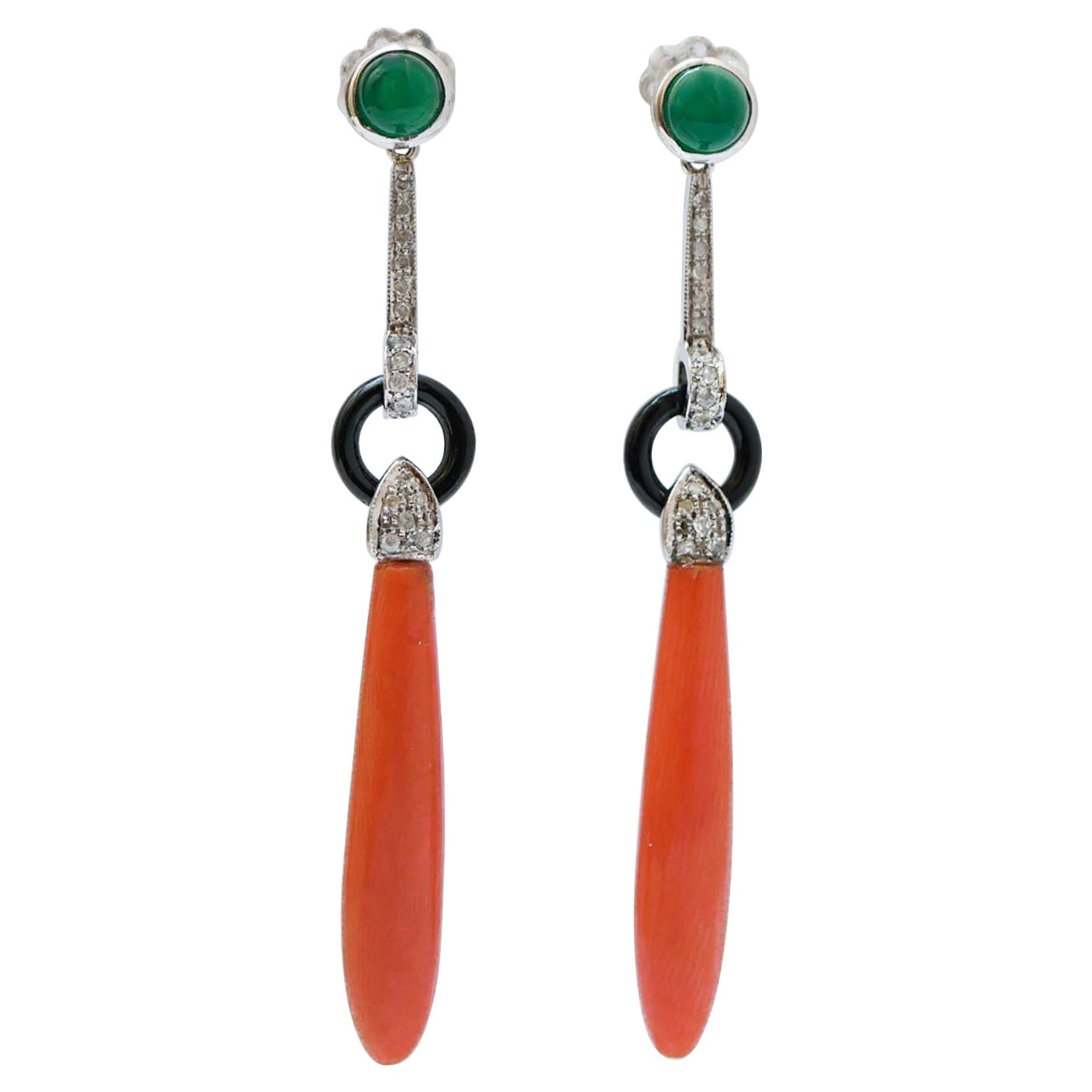Coral, Green Agate, Diamonds, Onyx, Platinum Dangle Earrings.