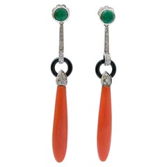 Coral, Green Agate, Diamonds, Onyx, Platinum Dangle Earrings.