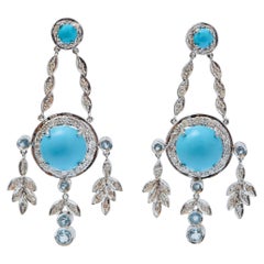 Magnesite, Turquoise, Diamonds, Aquamarine Colour Topazs, Platinum Earrings.