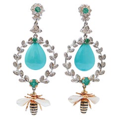 Turquesa, Piedras Blancas, Esmeraldas, Diamantes, Pendientes de Oro Blanco de 14 Kilates.