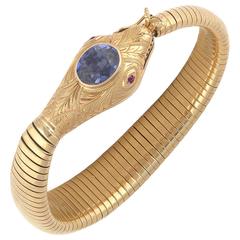 1950's Blue Topaz Ruby Yellow Gold Flexible Snake Bracelet 2
