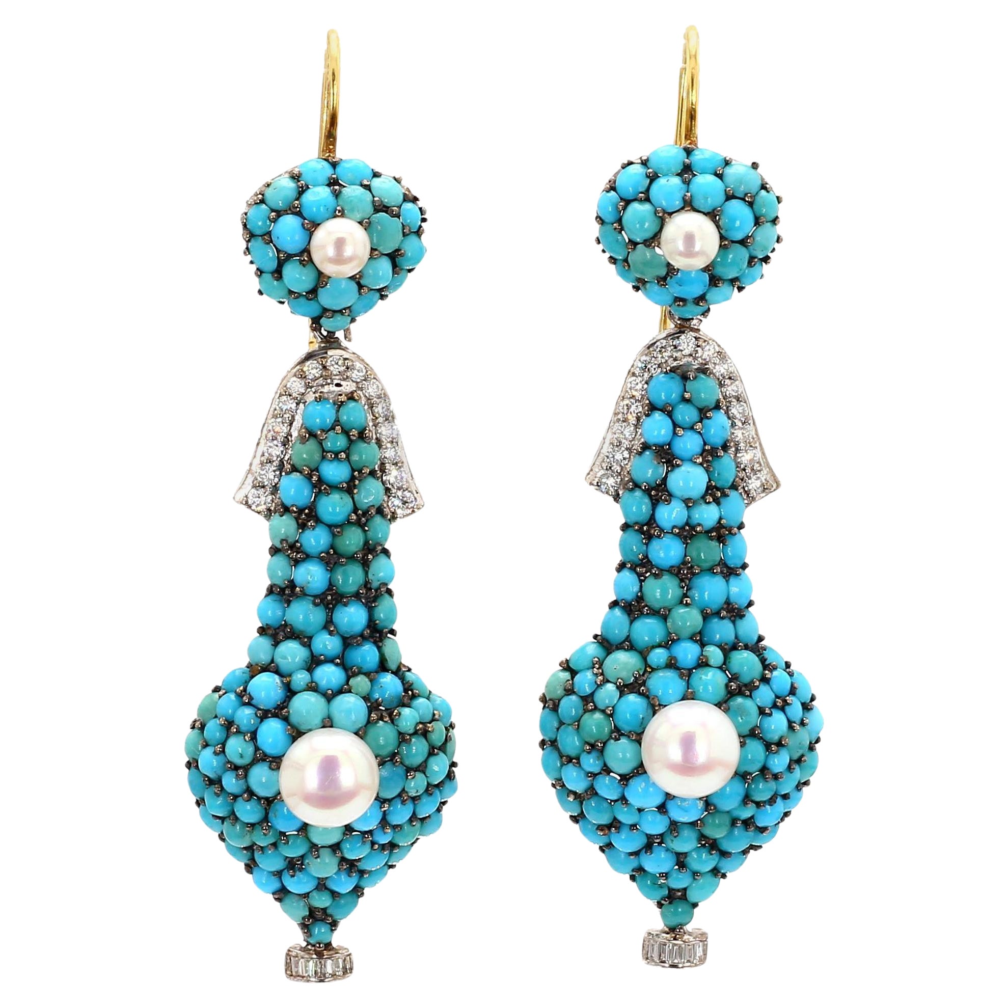1.74 Carat Diamond, Turquoise, and Pearl Drop Earrings in 18K Gold