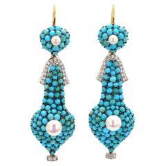 Pendientes de oro de 18 quilates con diamantes, turquesas y perlas de 1,74 quilates