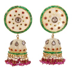 8.54 Carat Emerald, 2.40 Carat Ruby, and 1.00 Carat Diamond Old Persian Earrings
