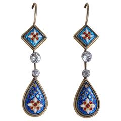 Antique Bresse Enamel Diamond Gold Earrings