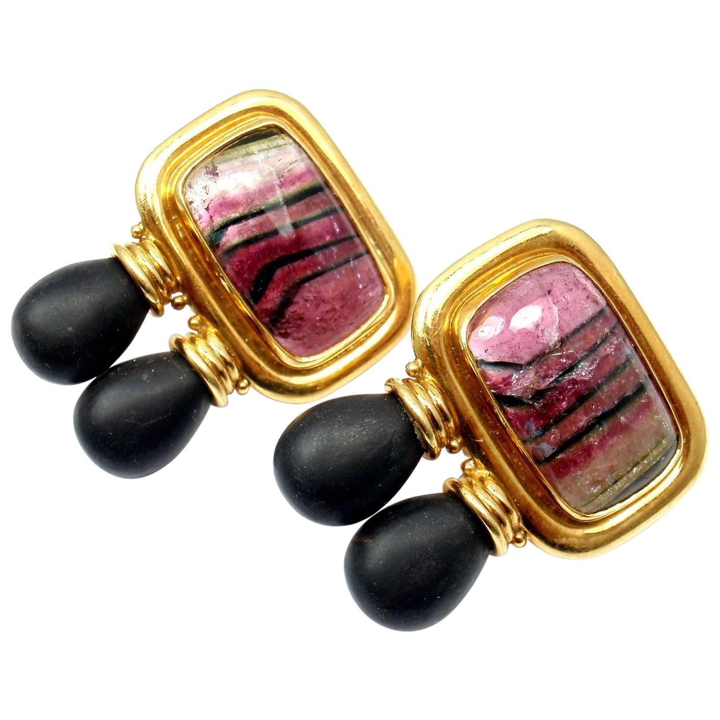 Elizabeth Gage Ebony Wood Watermelon Tourmaline Yellow Gold Large Earrings