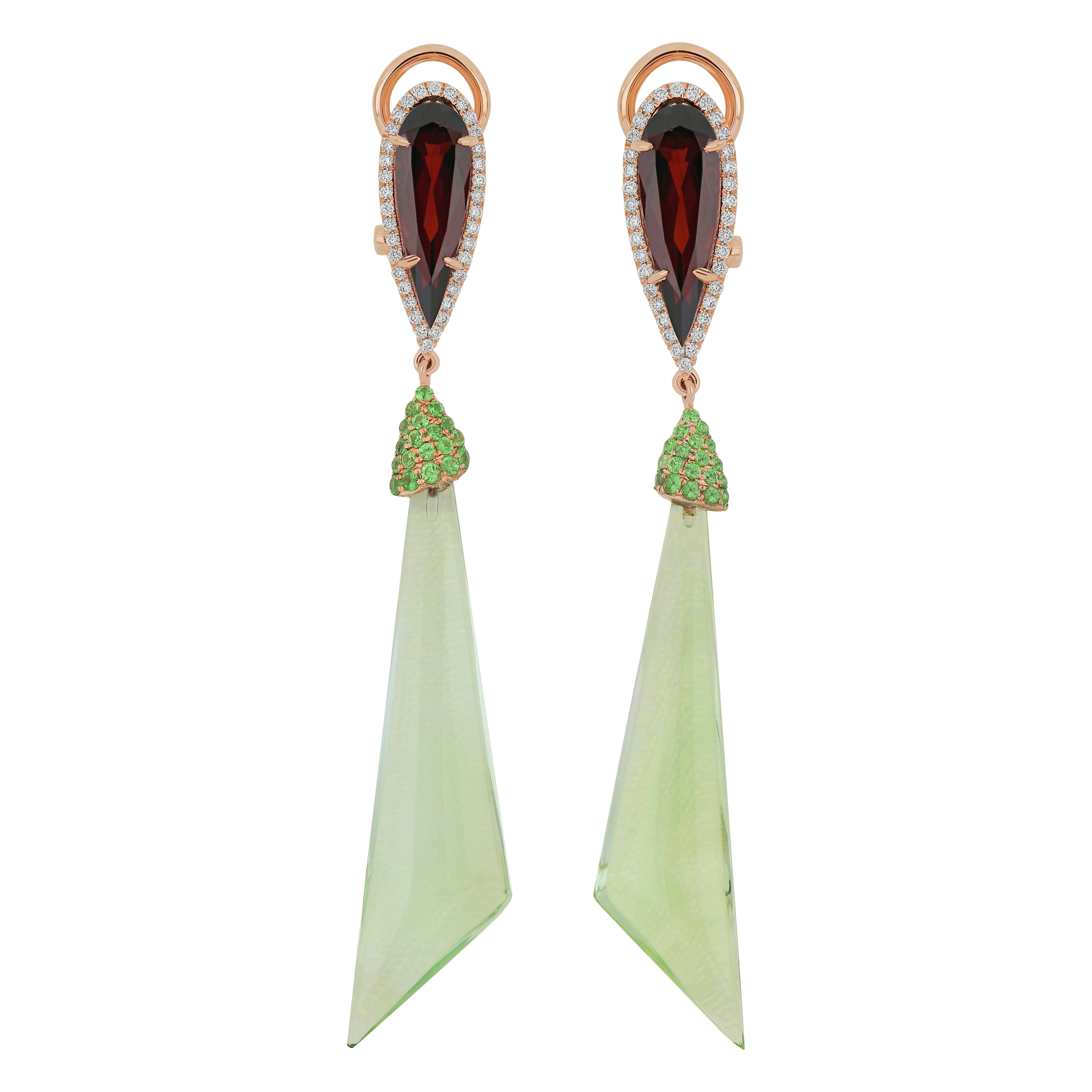 Mint Quartz, Garnet, Tsavorite and Diamond Earring 14K Yellow Gold Hand-Craft