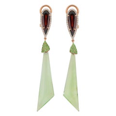 Pendiente de Cuarzo Menta, Granate, Tsavorita y Diamante Oro Amarillo 14K Artesanal