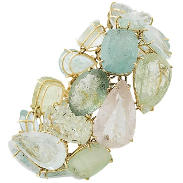 Green Beryl Aquamarine Morganite Yellow Gold Cuff Bracelet For Sale