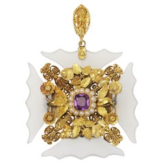 Antique Georgian Chalcedony, Amethyst, Pearl Silver and Gold Cross Pattée Pendant, 1790