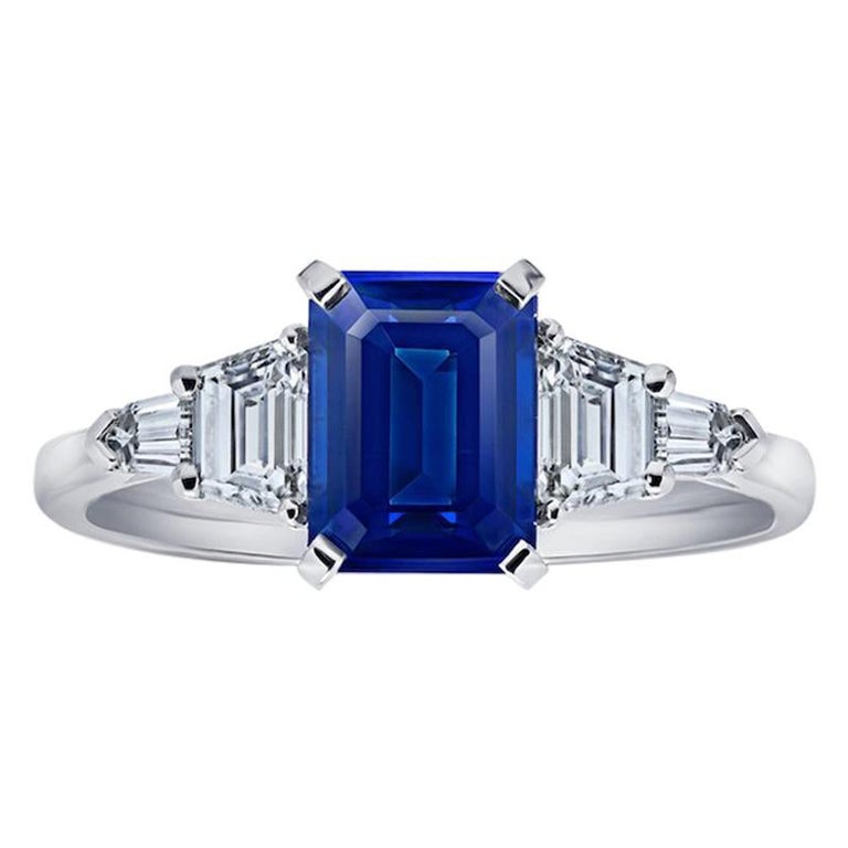 2.25 Carat Emerald Cut Blue Sapphire and Diamond Platinum Ring