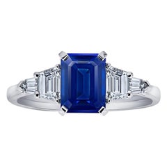 2.25 Carat Emerald Cut Blue Sapphire and Diamond Platinum Ring