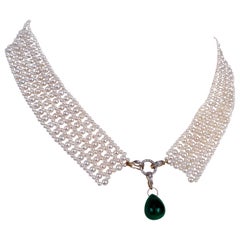 Marina J Woven Pearl Collar Necklace + Large Emerald Drop, Diamonds & Solid 14K