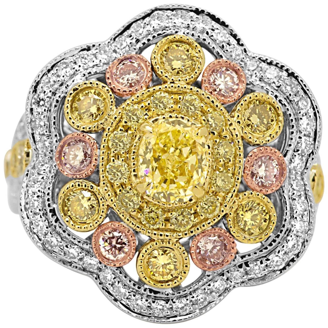 Natural Fancy Yellow Pink and White Diamond Three Color Gold Cocktail Ring