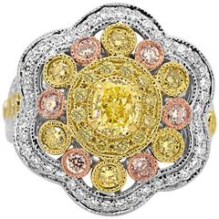 Natural Fancy Yellow Pink and White Diamond Three Color Gold Cocktail Ring 9