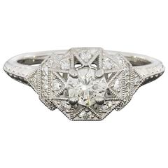 White Gold Round Diamond Art Deco Style Sunburst Halo Engagement Ring