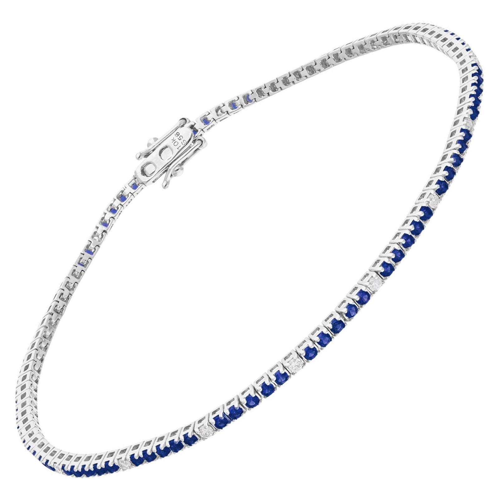 Blue Gemstone Tennis Bracelet SI/H Diamond 10 Karat White Gold Handmade Jewelry