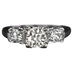 1 Carat Old European Diamond 3 Stone Vintage Style White Gold Ring