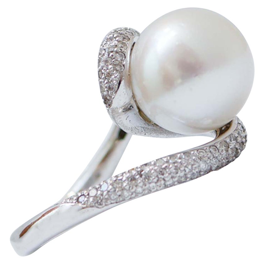 South-Sea Pearl, Diamonds, 14 Karat White Gold Ring.