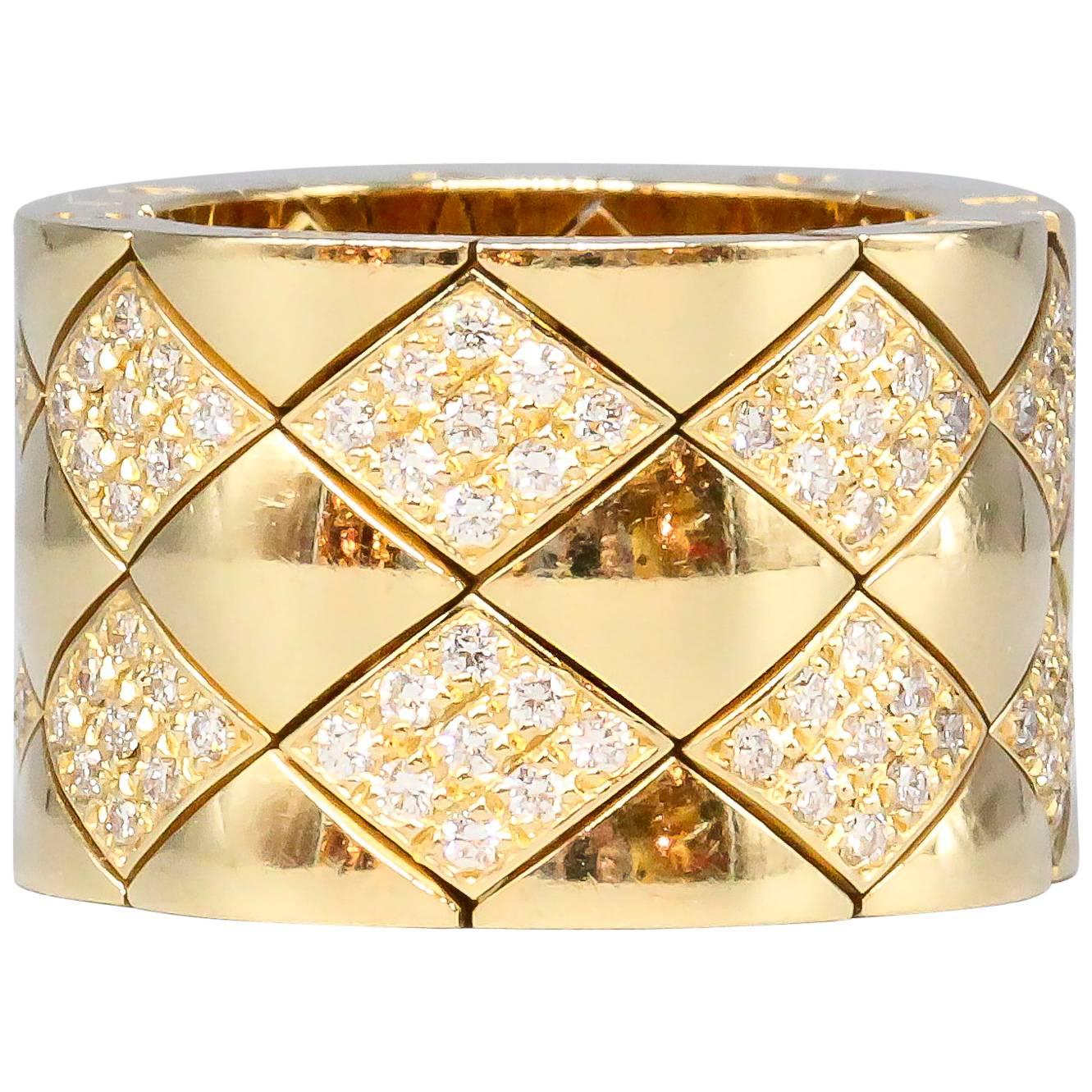 Chanel Matelasse Diamond 18 Karat Gold Flexible Wide Band Ring