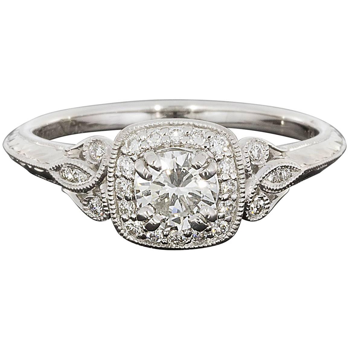 Round Diamond Cushion Halo Fleur-De-Lis Engagement Ring