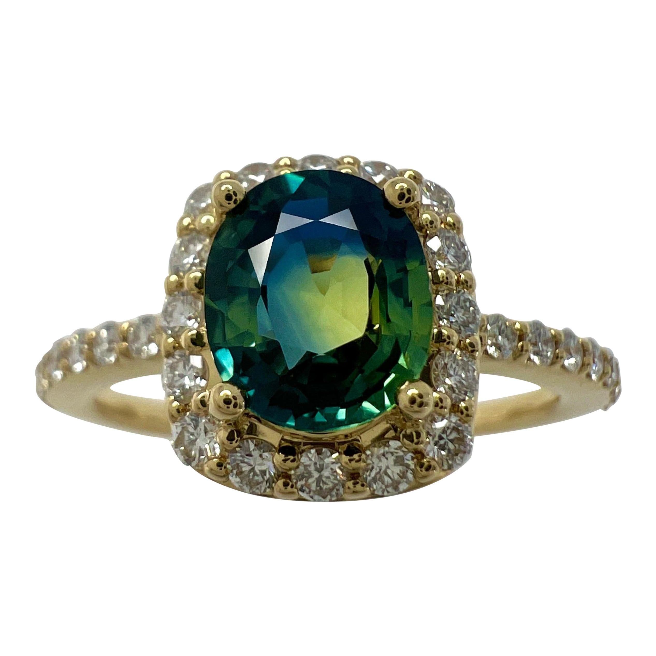 Certified 1.43ct Parti Colour Blue Yellow Sapphire & Diamond 18k Gold Halo Ring
