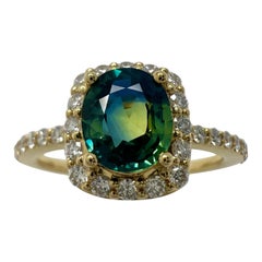 Certified 1.43ct Parti Colour Blue Yellow Sapphire & Diamond 18k Gold Halo Ring