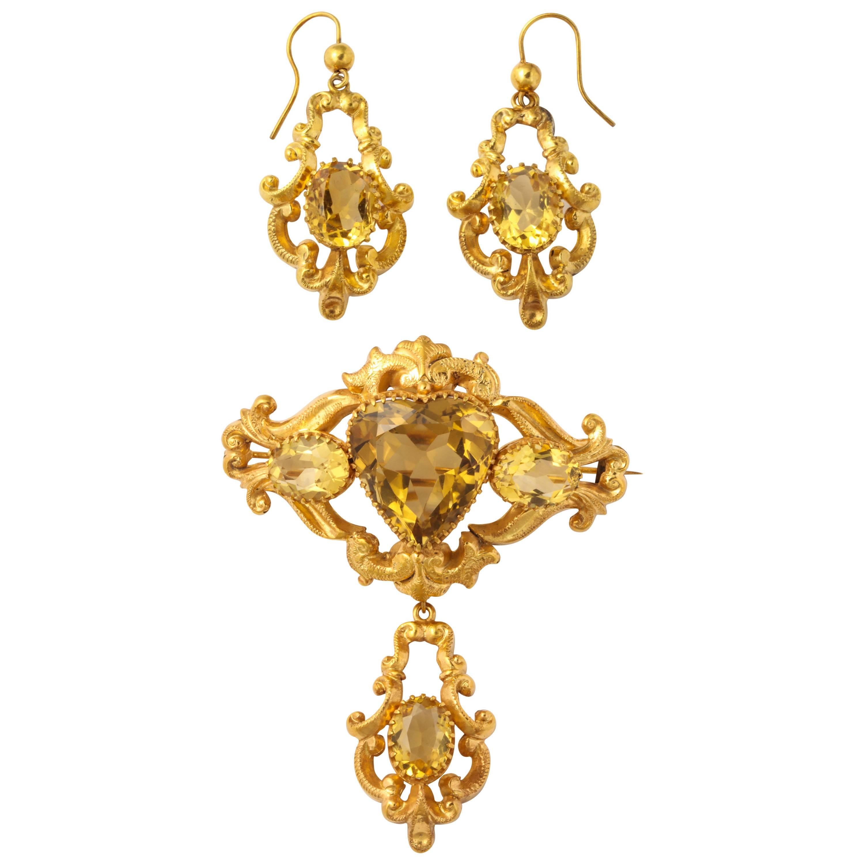 Scottish Victorian Citrine Gold Pendant Brooch Matching Earrings