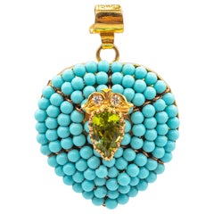 Art Nouveau Style White Diamond Turquoise Peridot Onyx Yellow Gold Heart Pendant