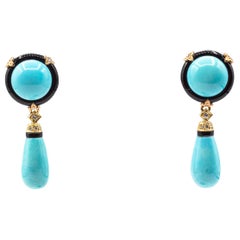 Art Deco Style White Diamond Natural Turquoise Onyx Yellow Gold Drop Earrings