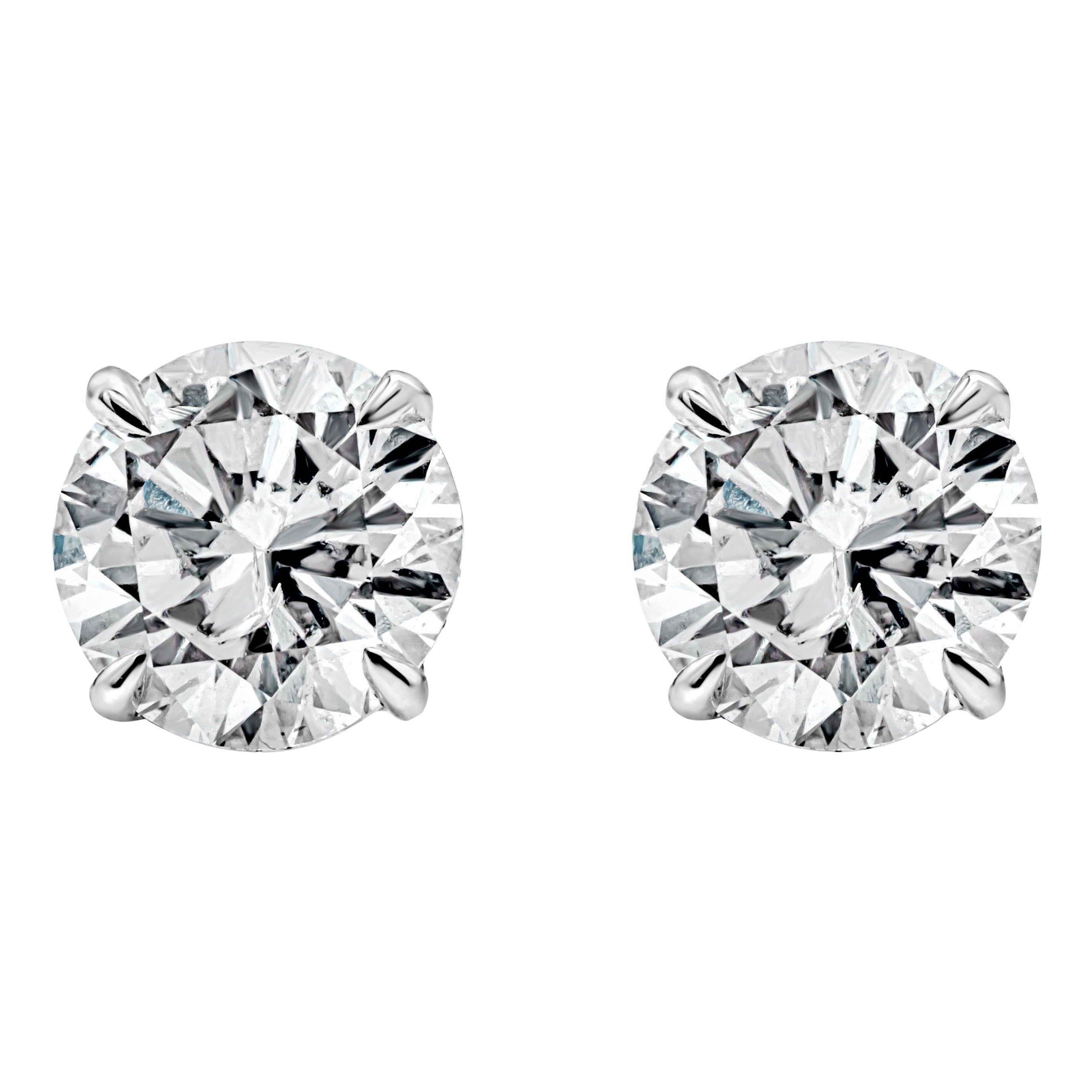 2.09 Carats Total, Round Brilliant Cut Diamond Stud Earrings