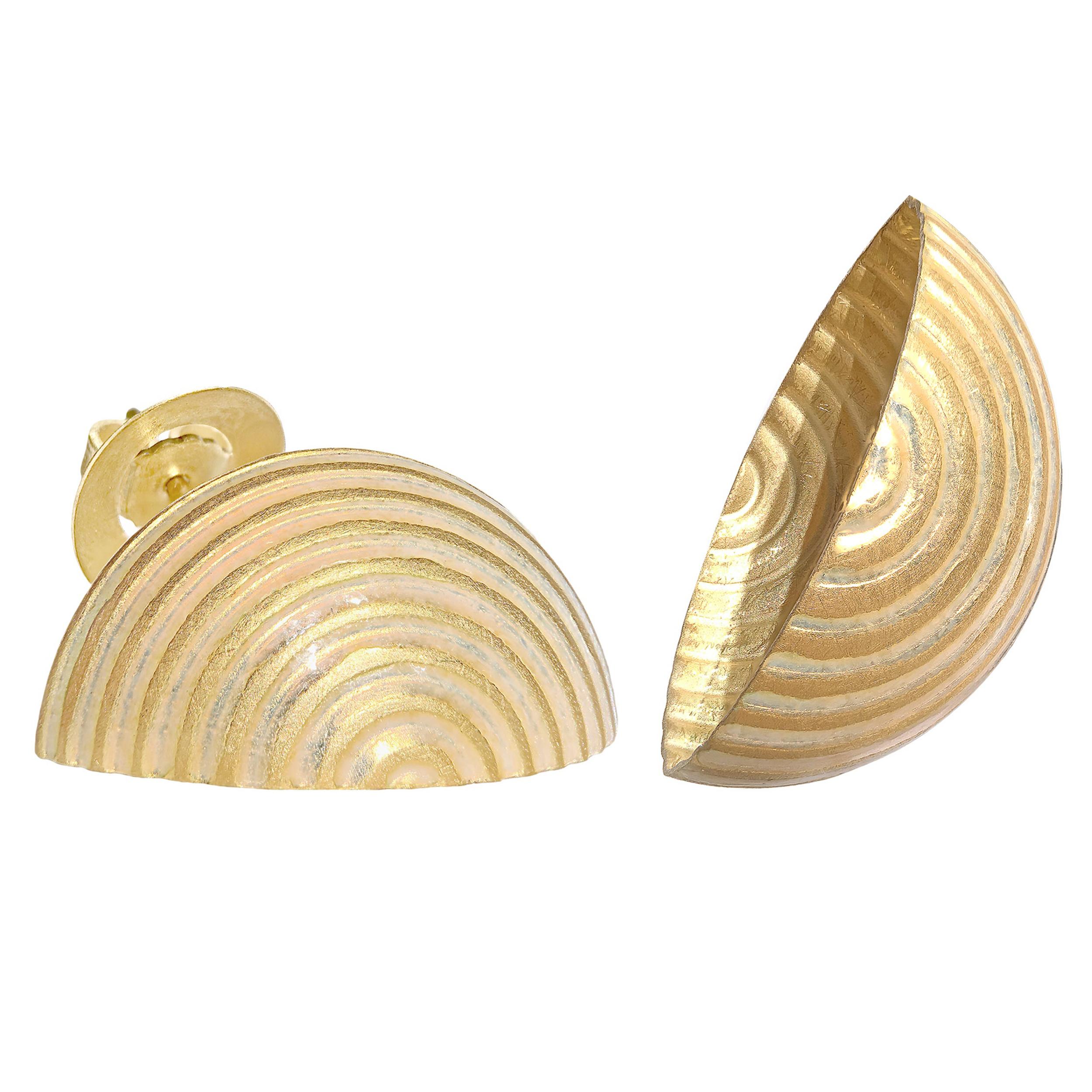 Opalescent Enamel Yellow Gold Open Shell Handmade Stud Earrings
