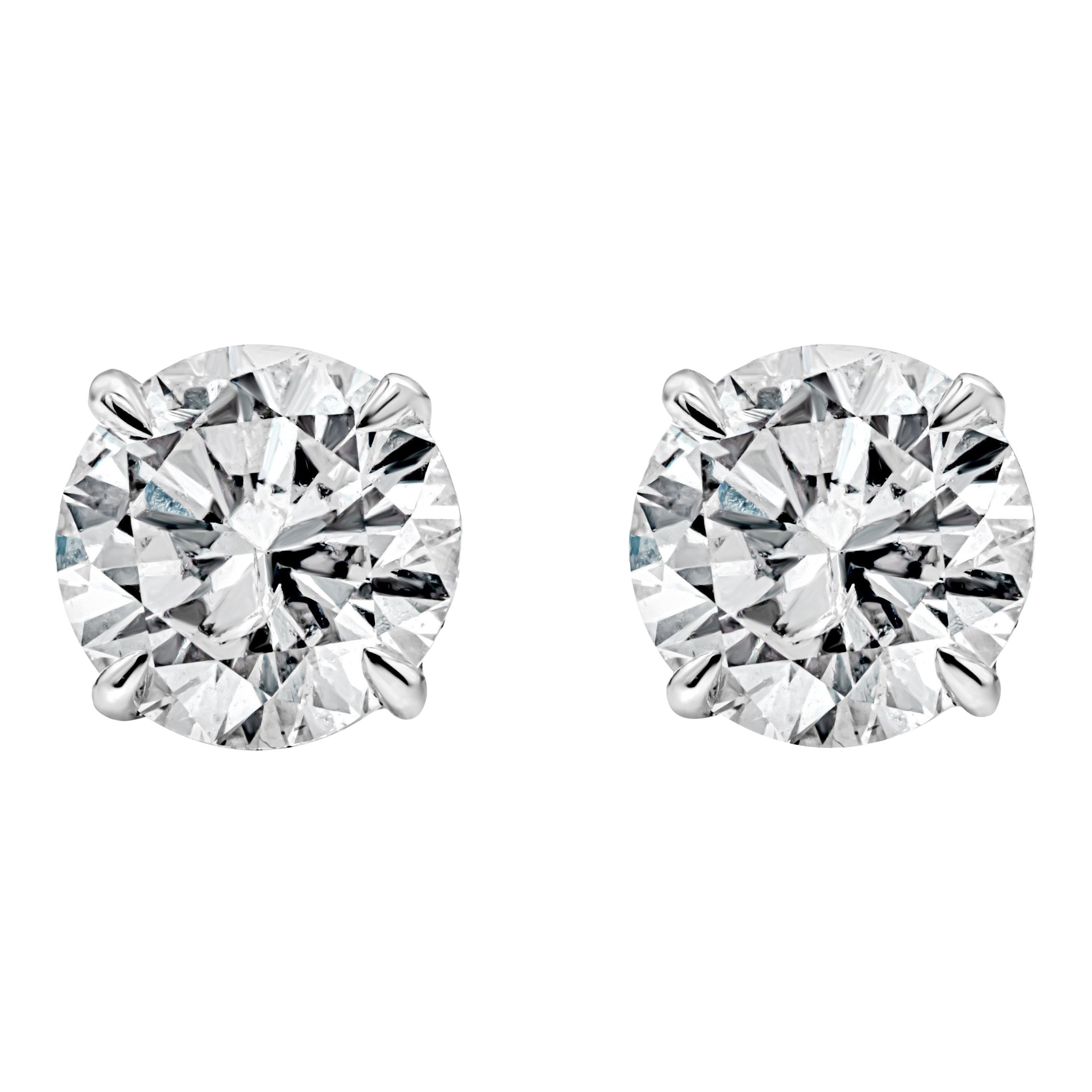 GIA Certified 2.17 Carats Total, Round Brilliant Cut Diamond Stud Earrings
