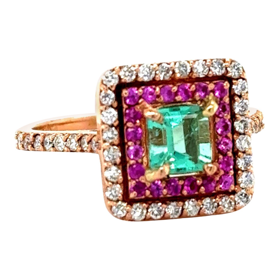 1.30 Carat Double Halo Emerald, Pink Sapphire and Diamond Rose Gold Bridal Ring