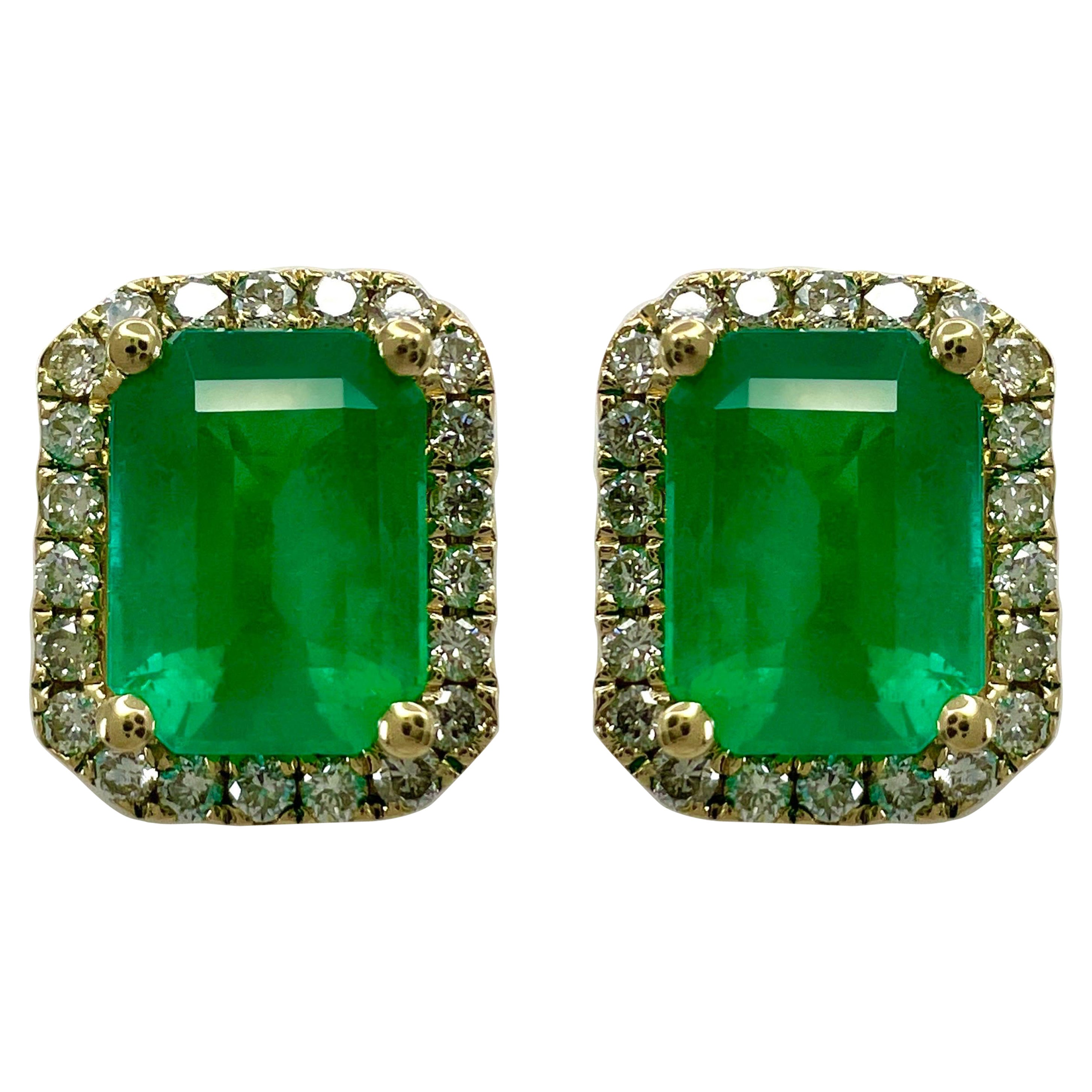 3.57ct GIA Certified Rare Russian Emerald & Diamond 18k Gold Halo Earring Studs For Sale