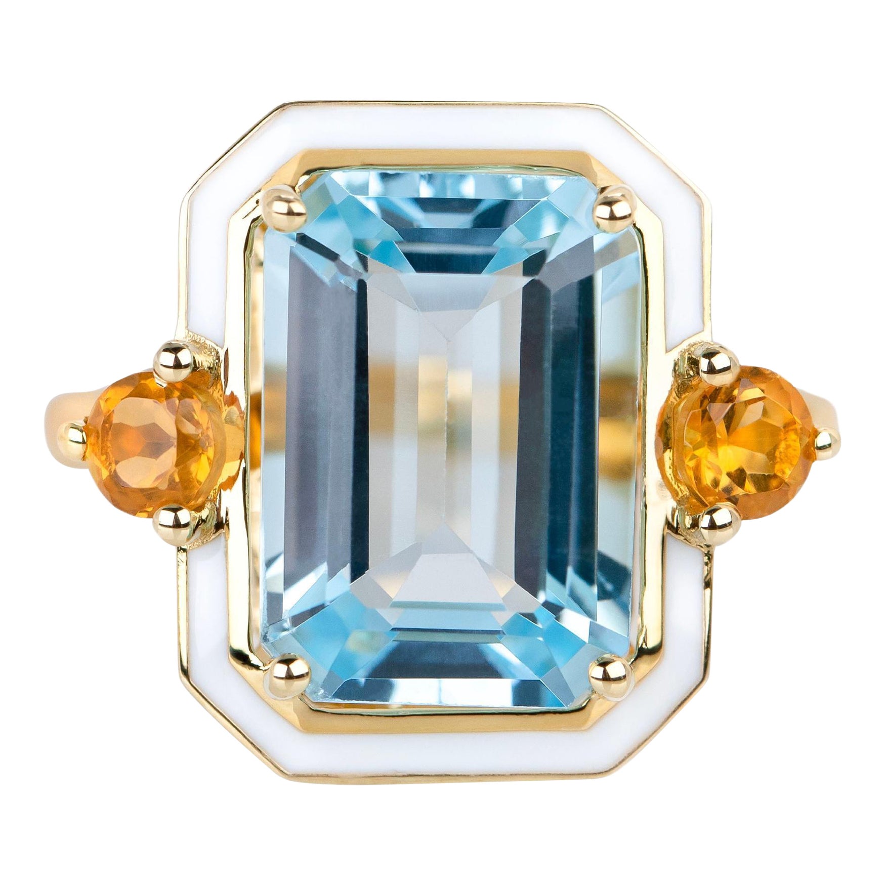 Anillo de cóctel esmaltado de plata 925 estilo Artdeco con topacio celeste y piedra citrina