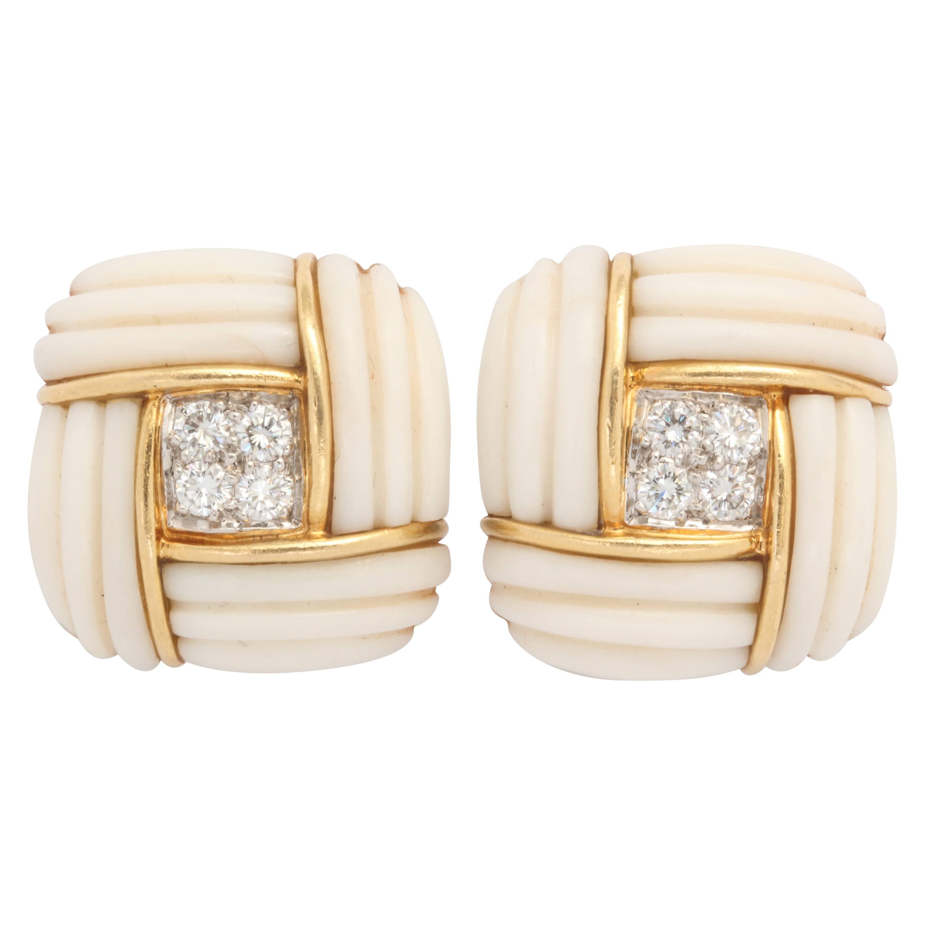 White Coral Diamond Gold Earclips For Sale