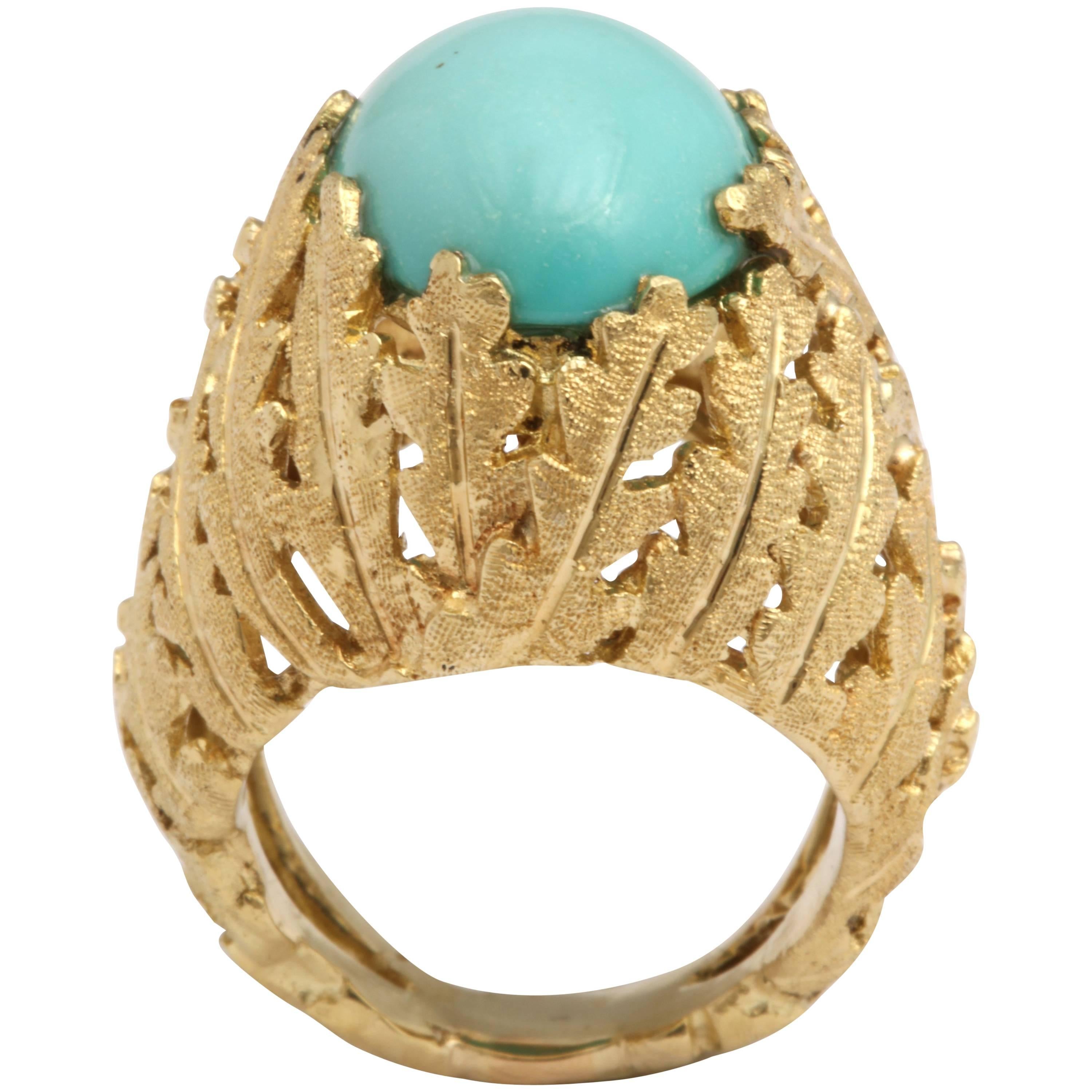 Turquoise and Gold Foliate Ring For Sale