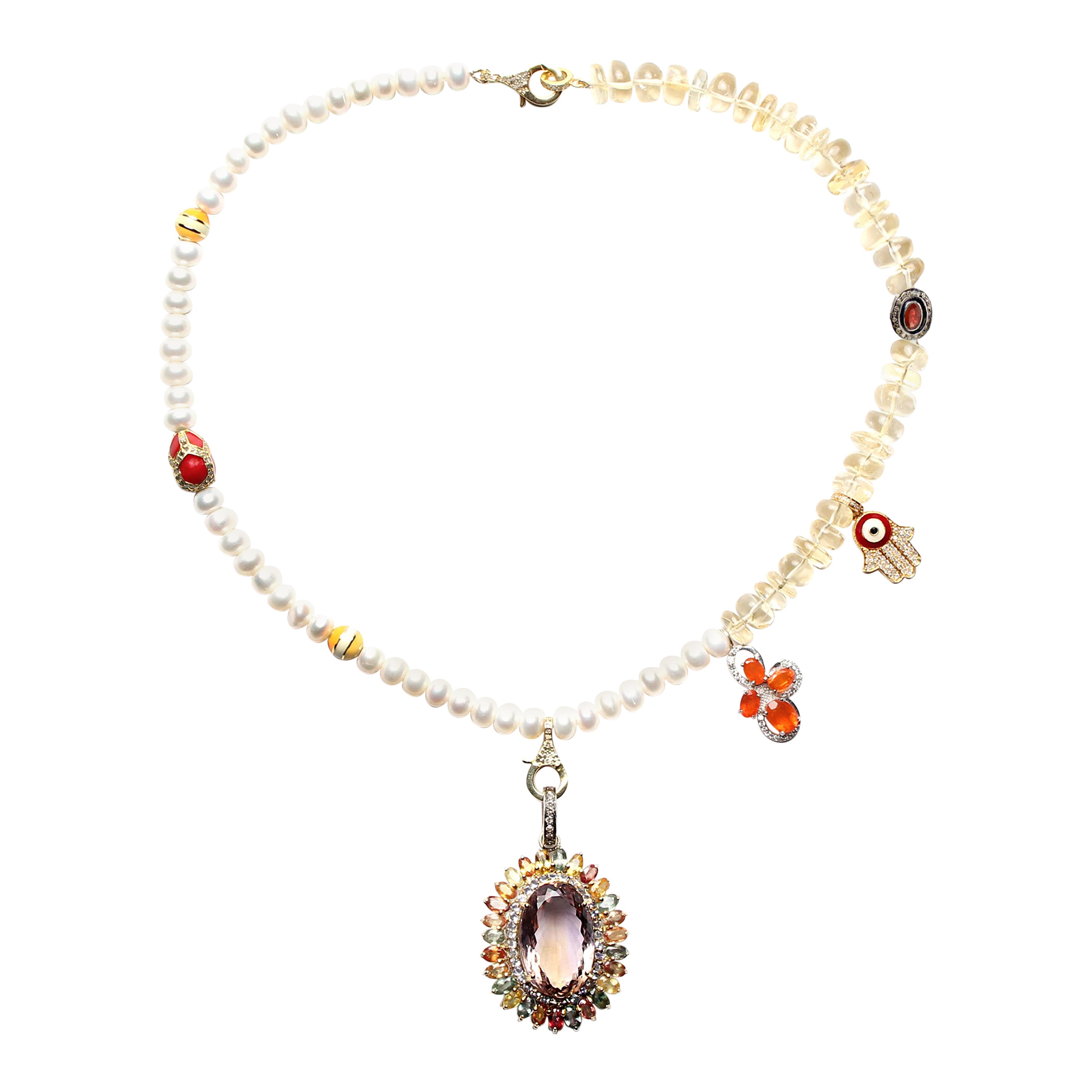 CLARISSA BRONFMAN Asymmetrical Pearl Quartz Gold Diamond Ruby &Amatrine Necklace