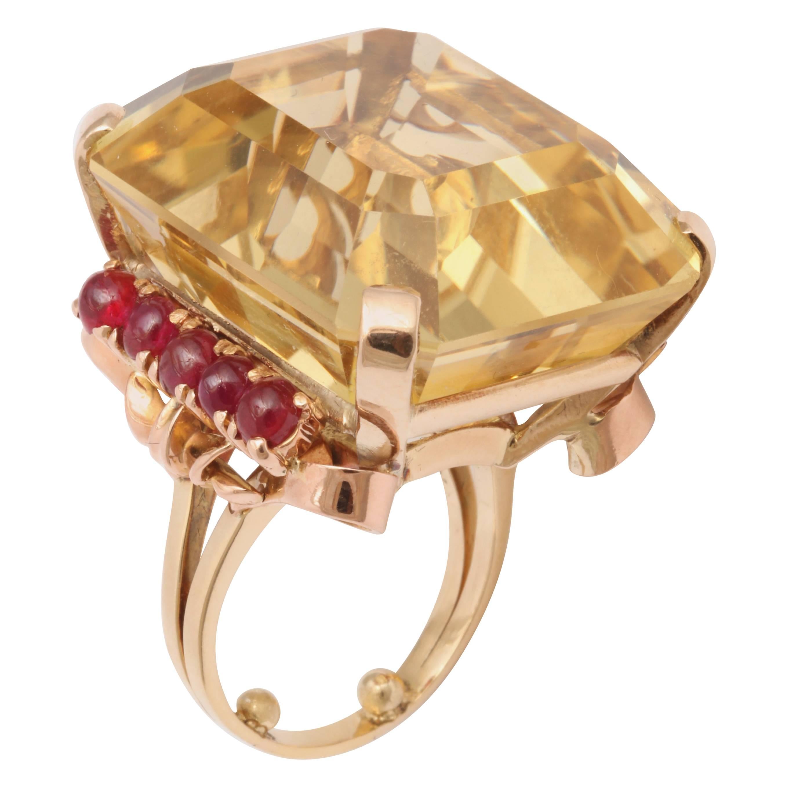 1940s Citrine Cabochon Ruby Rose Gold Ring