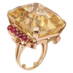 Vintage 1940s Citrine Cabochon Ruby Rose Gold Ring