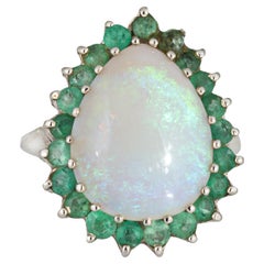 Anello di smeraldo opale vintage in oro bianco 14k Sz 6 pera Cocktail Estate Jewelry