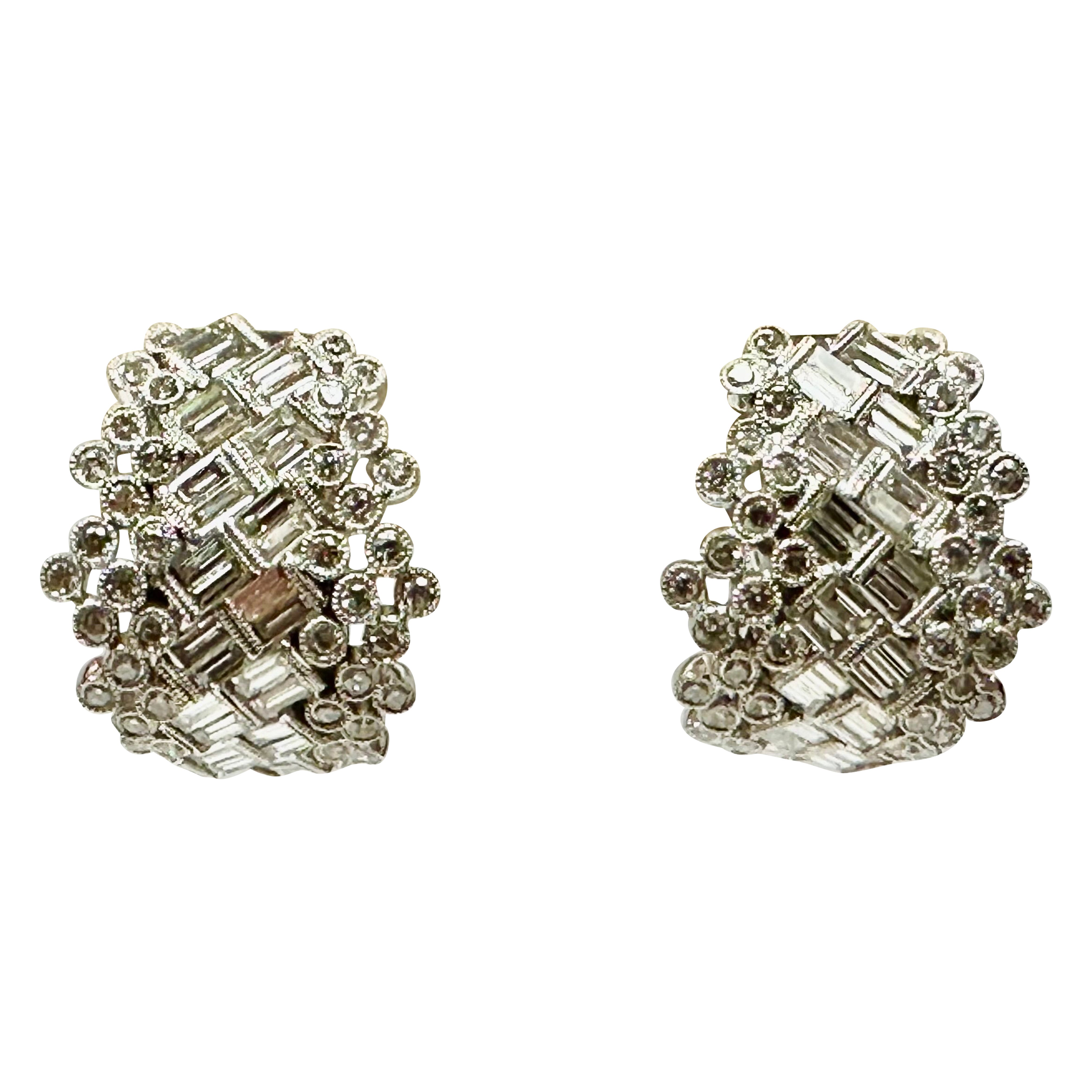 Natural Round & Baguette Diamond Dinner 18K White Gold Earrings For Sale