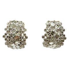 Natural Round & Baguette Diamond Dinner 18K White Gold Earrings