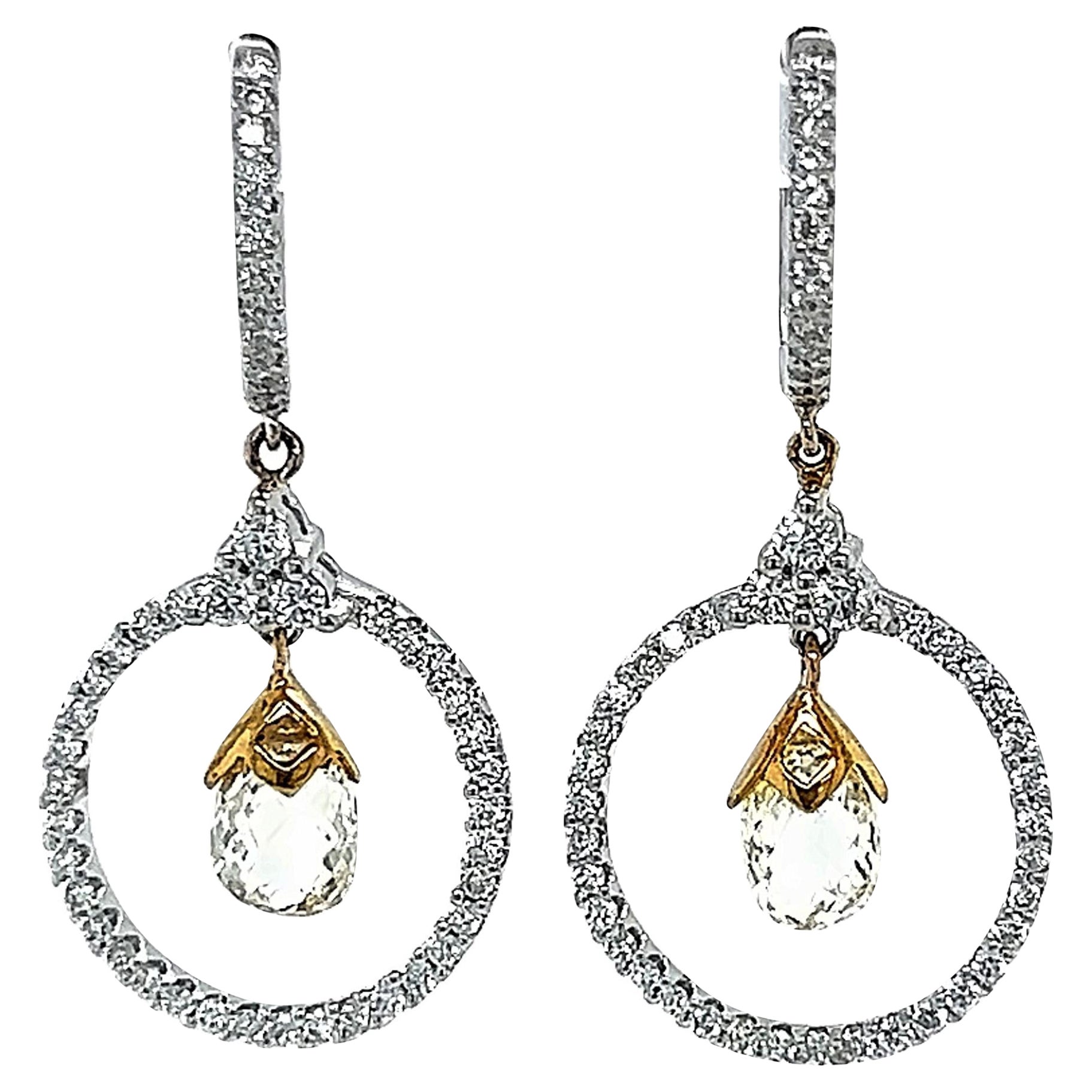 2.86ct Yellow Briolette Diamond Drop Earrings 18k Two Tone For Sale