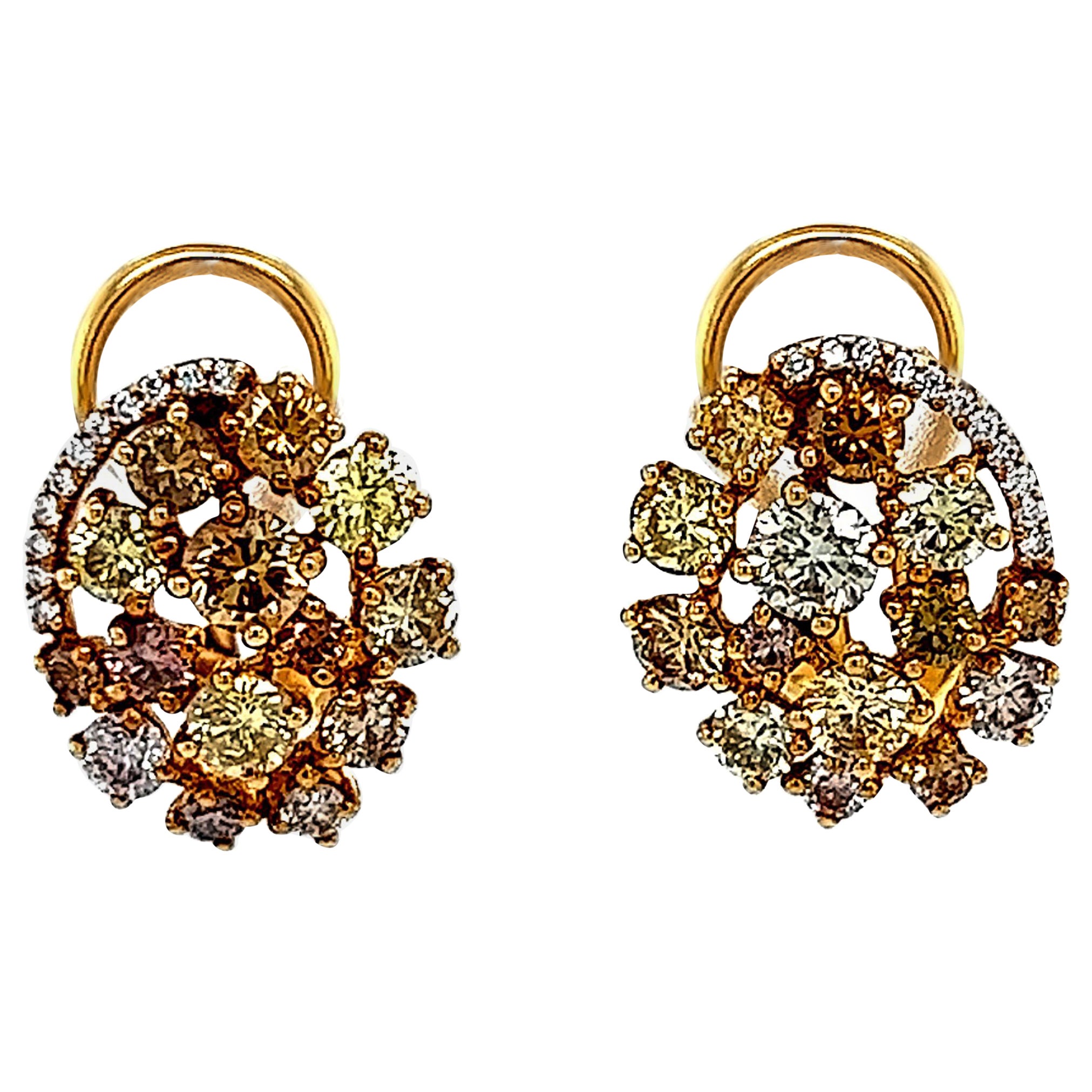 2.36ct Mixed Color Diamond Cluster Earrings 18k Yellow Gold