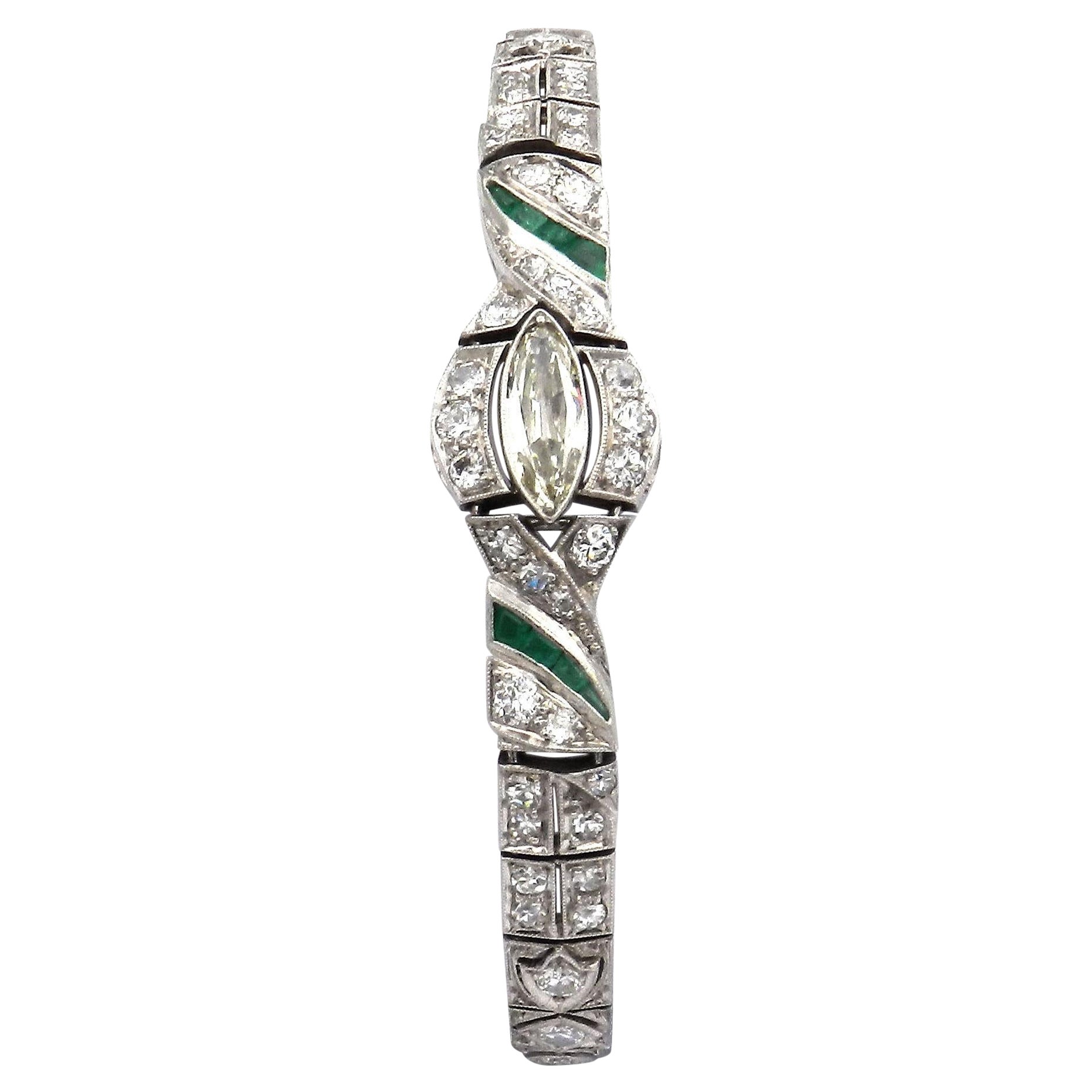 Art Deco 3.51 ct Diamond Emerald Platinum Bracelet circa 1920