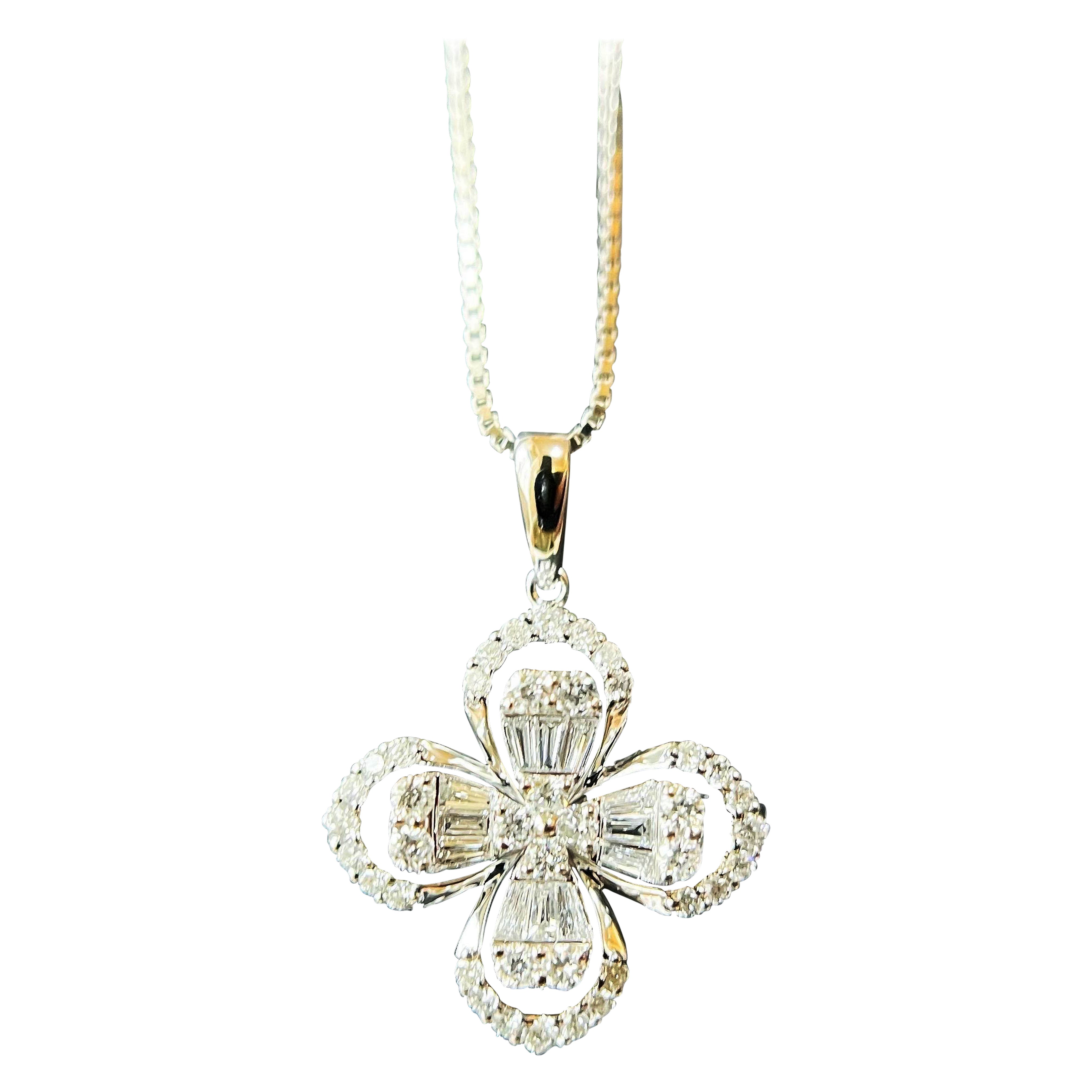 Certified Clover Leaf Pave Setting Diamond Pendant Necklace in 18K White Gold For Sale