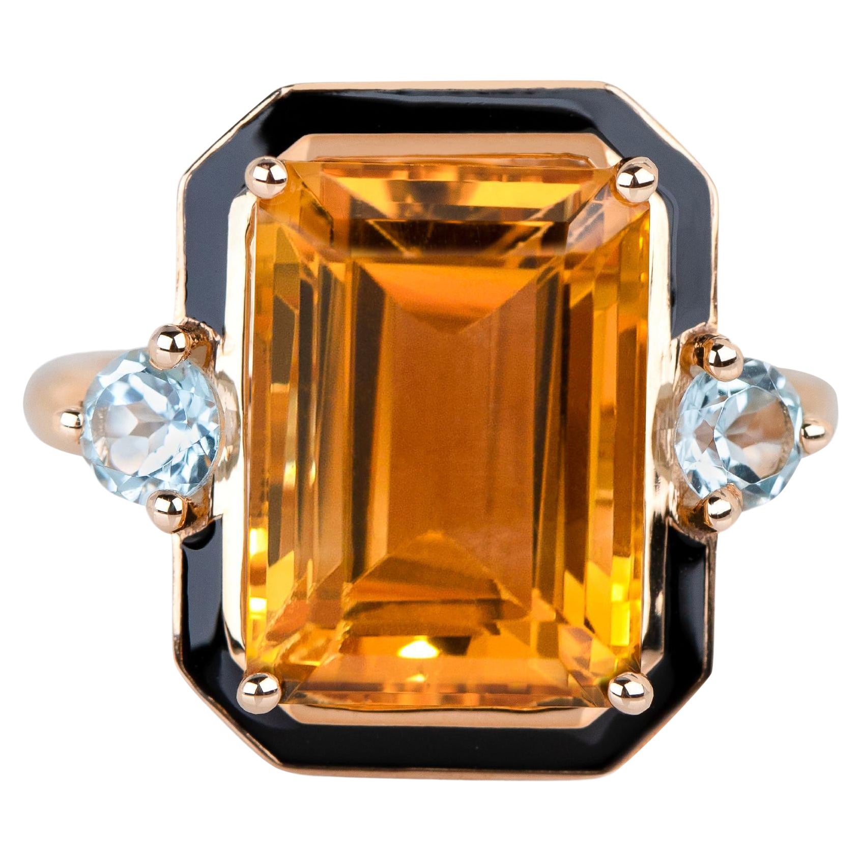 Artdeco Style Enameled Citrine Ring, Sky Topaz Stone 925 Silver Ring