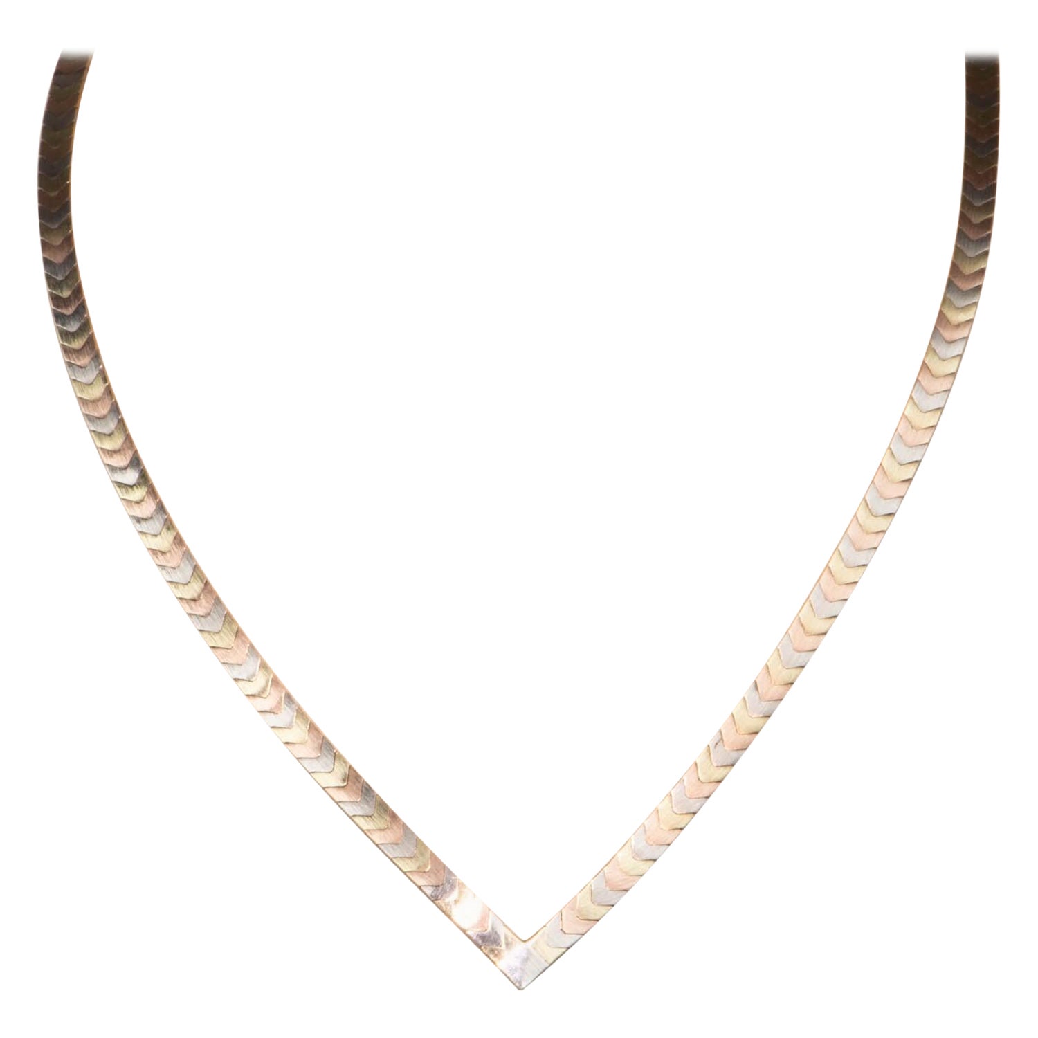 14K Gold Tri Color Chevron Necklace 21g Italy Herringbone Collar Choker V1139 en vente